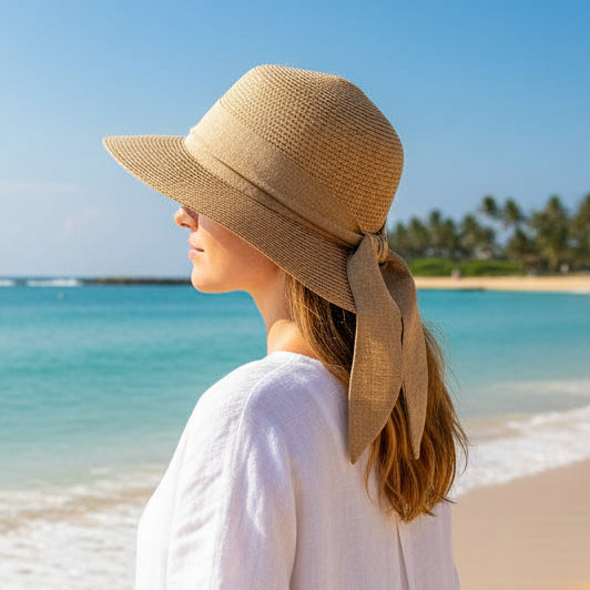 Beige straw hat with a band on a light gray background
