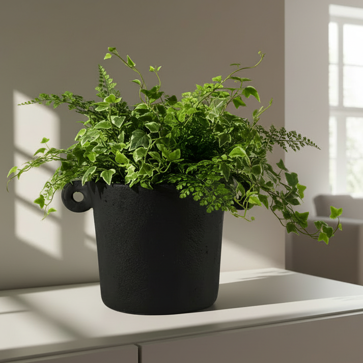 A black cement planter with side handles, placed on a light background.