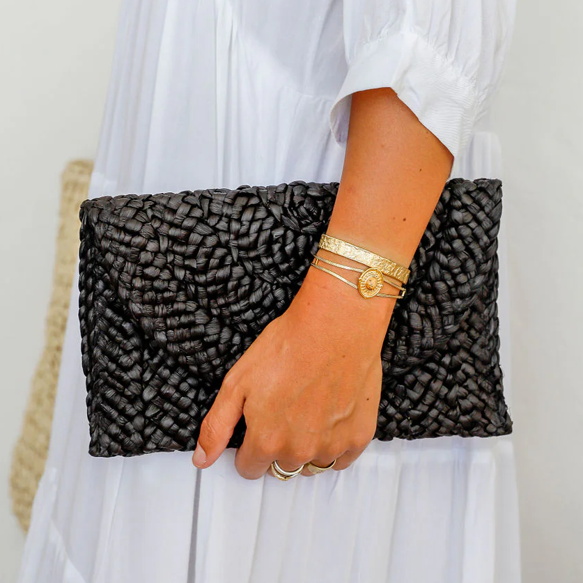 Person holding a black clutch with a white background