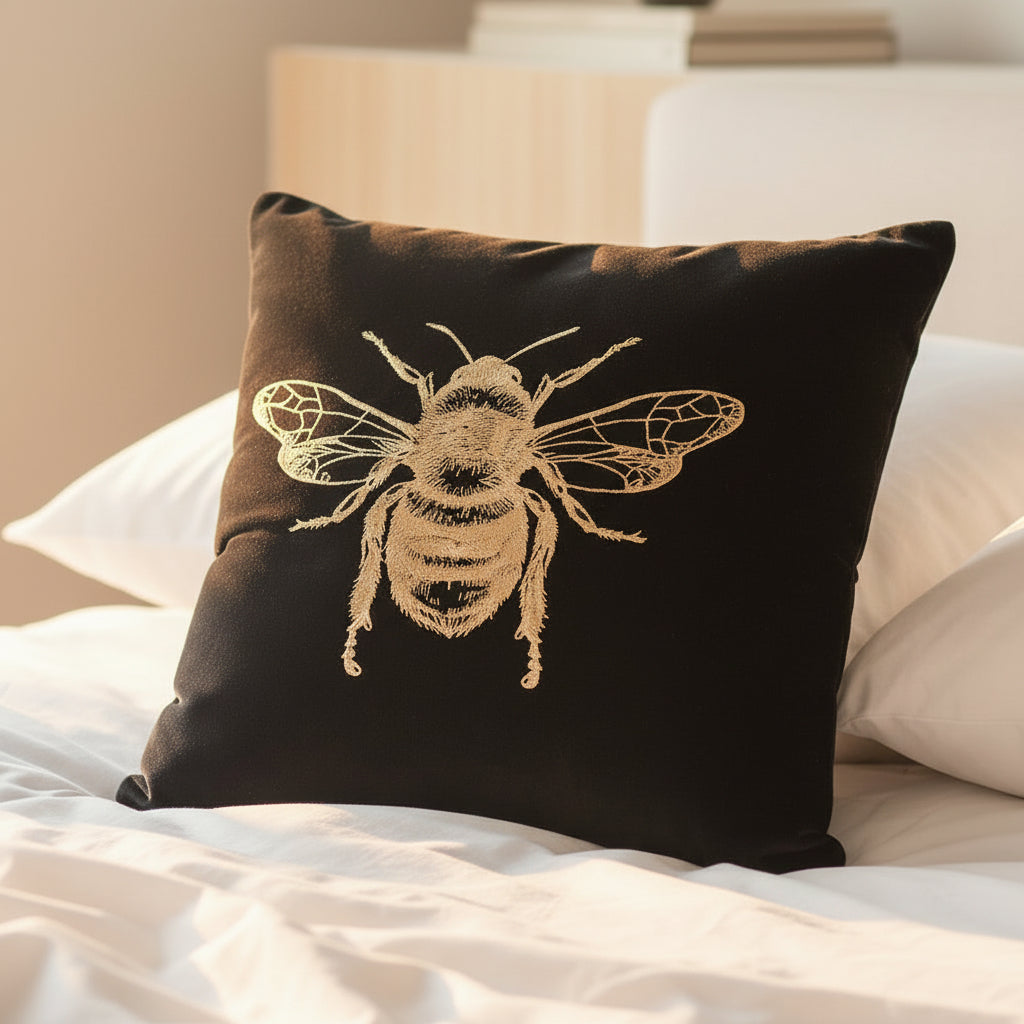 A black velvet cushion with a metallic gold bee print on it on a white bed