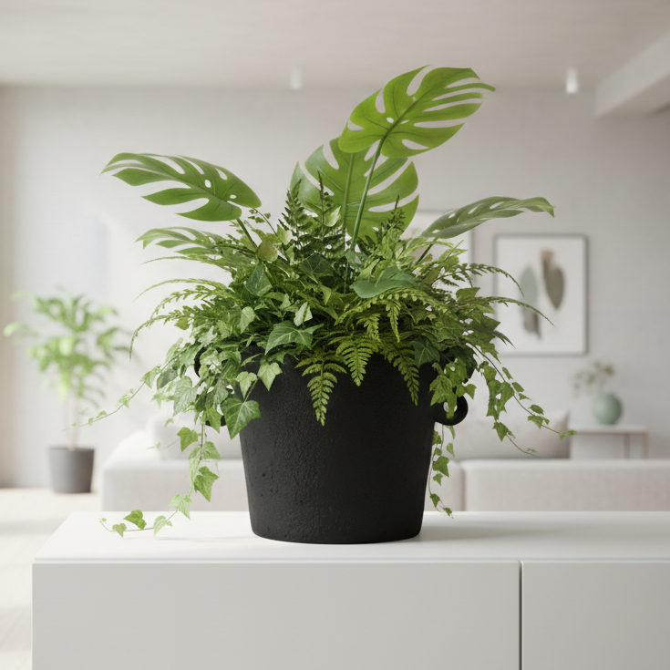 A black, double handle cement planter with a textured exterior and a smooth internal diameter.