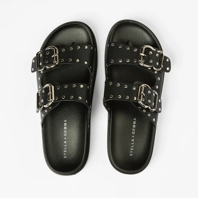 stella + gemma black slides with silver studs & buckles