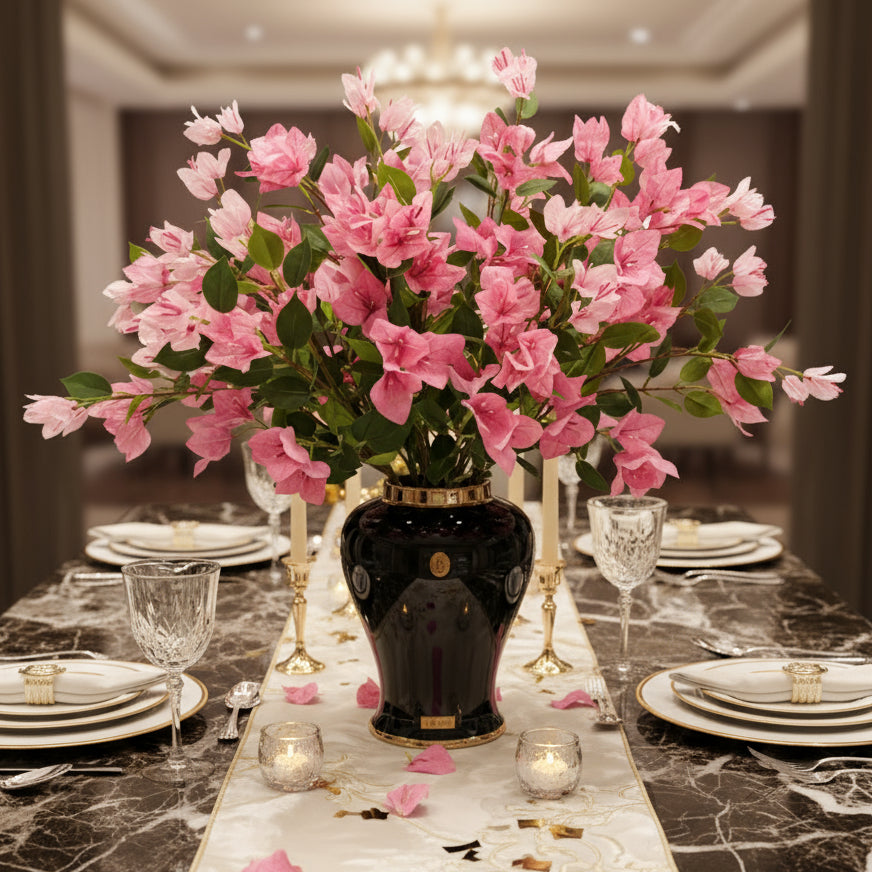 Cote Noire Black vase with pink Bouganvillea diffuser flowers that diffuse fragrance.