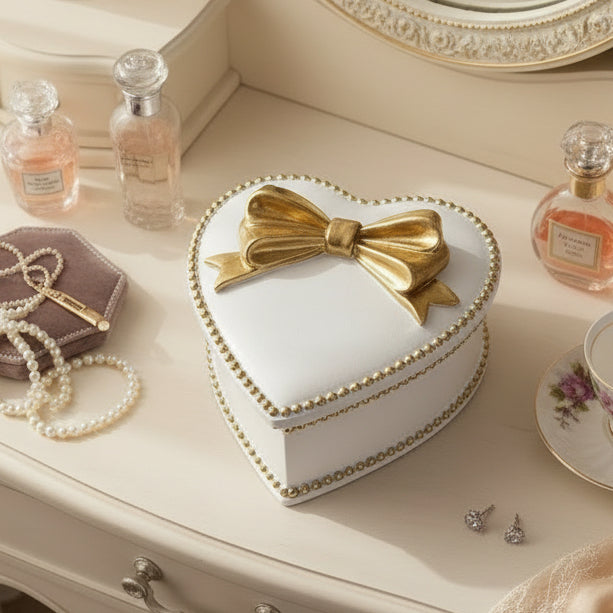 Heart-shaped white box with gold trim and a bow on a light gray background