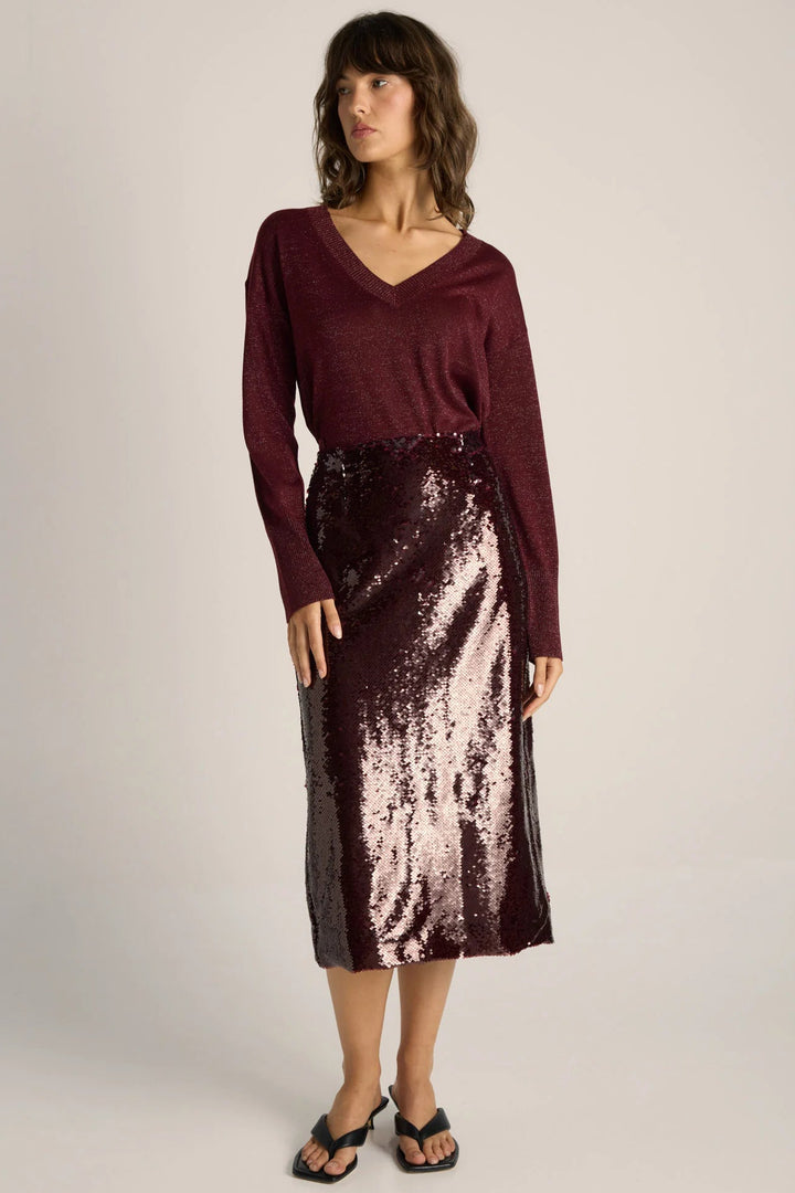Woman wearing a burgundy sweater and sequin skirt on a plain background