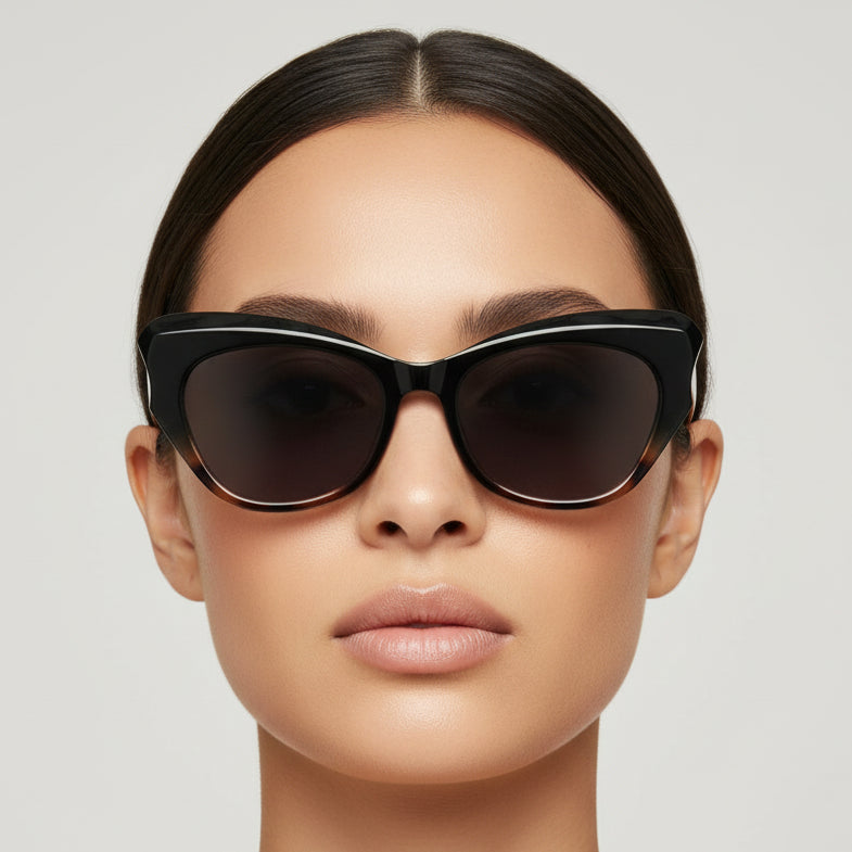 Black cat-eye sunglasses with a gray gradient lens on a light gray background