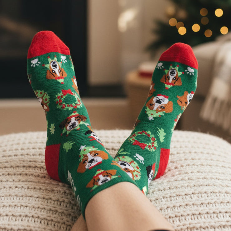 Green socks with red accents featuring Christmas-themed designs on a light gray background