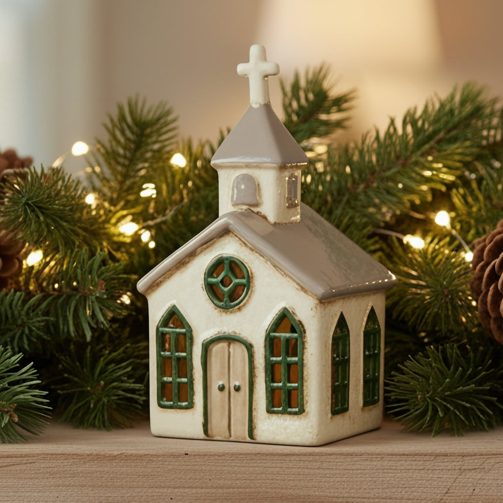 Small model of a church with a steeple on a white background