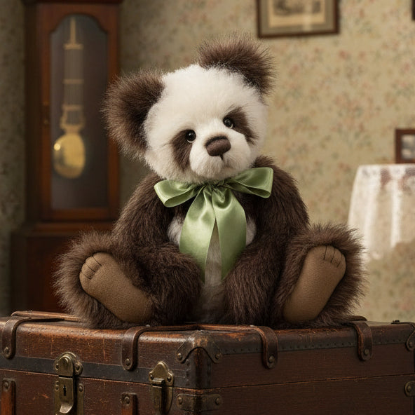 Stuffed charlie bears panda bear with a green bow tie on a white background