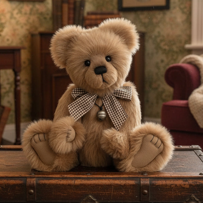 Brown charlie bears teddy bear with a checkered bow tie on a white background