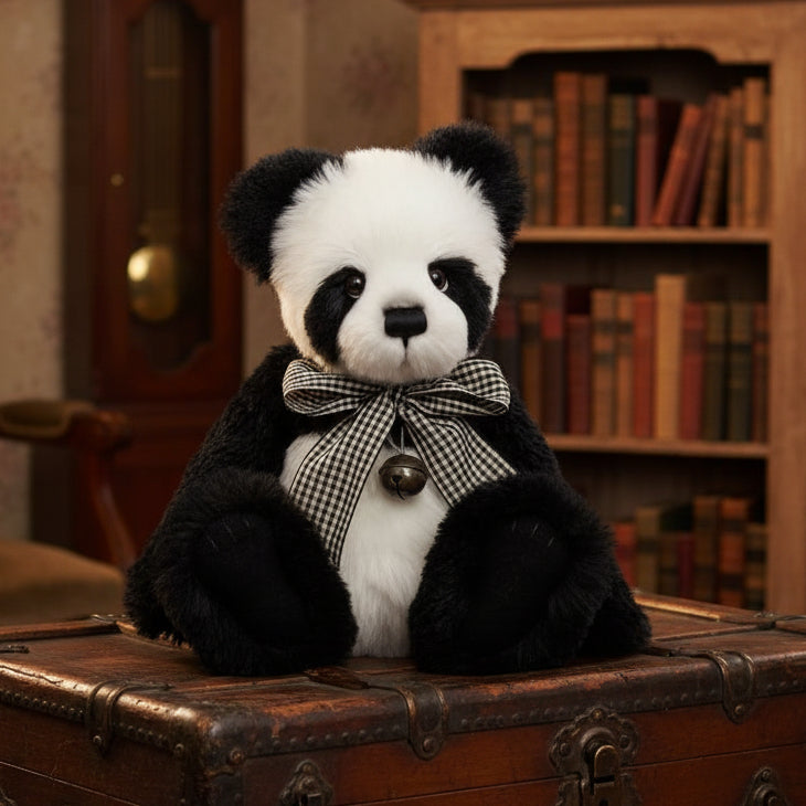 Stuffed panda bear with a bow tie on a white background
