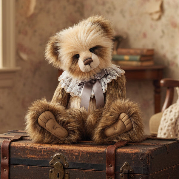 Stuffed charlie bears collectable teddy bear with a lace collar and bow on a white background