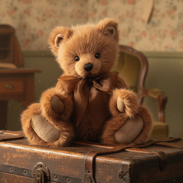 Brown teddy bear with a bow tie on a white background