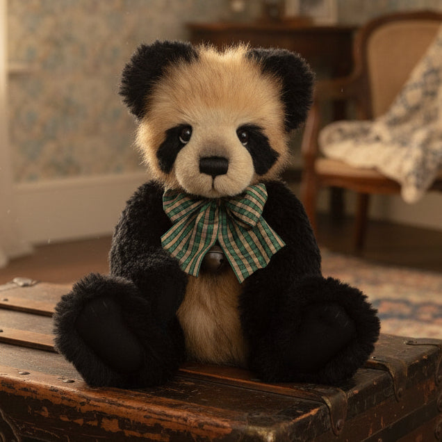 Stuffed panda bear with a green plaid bow tie on a white background