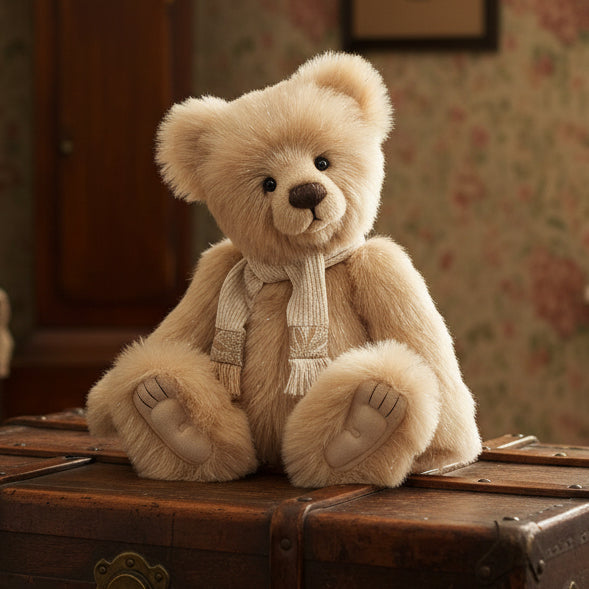 Beige teddy bear with a scarf on a white background