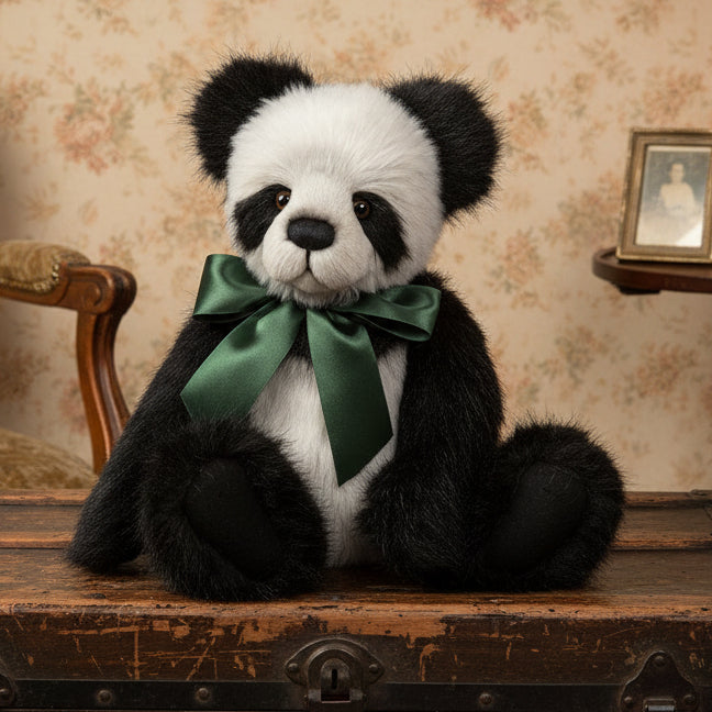 Plush charlie bears collectable panda bear with a green bow tie on a white background