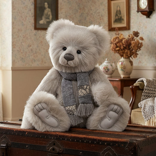 Gray chalie bears collectable teddy bear wearing a scarf on a white background