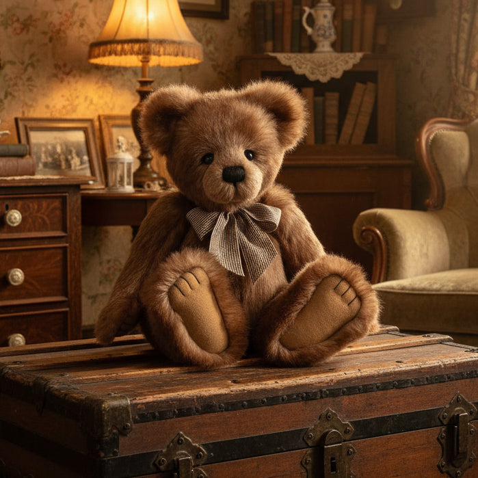 Brown charlie bears collectable teddy bear with a bow tie ina vintage room