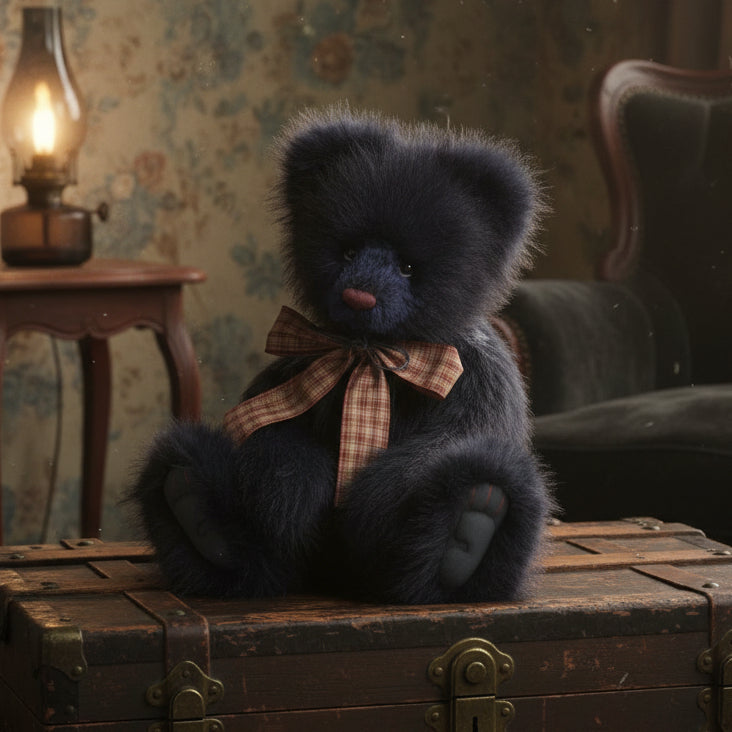 Indigo Blue Charlie Bears collectable teddy bear with a plaid bow tie on a white background