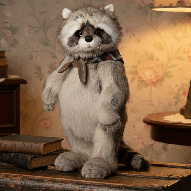 Stuffed charlie bears raccoon toy wearing a plaid scarf on a white background