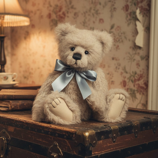 Charlie Bears collectable Teddy bear with a blue ribbon on a white background