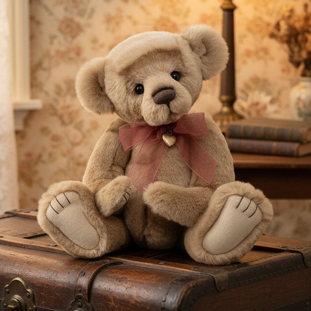 Stuffed charlie bears collectable teddy bear with a pink bow and gold bell on a white background