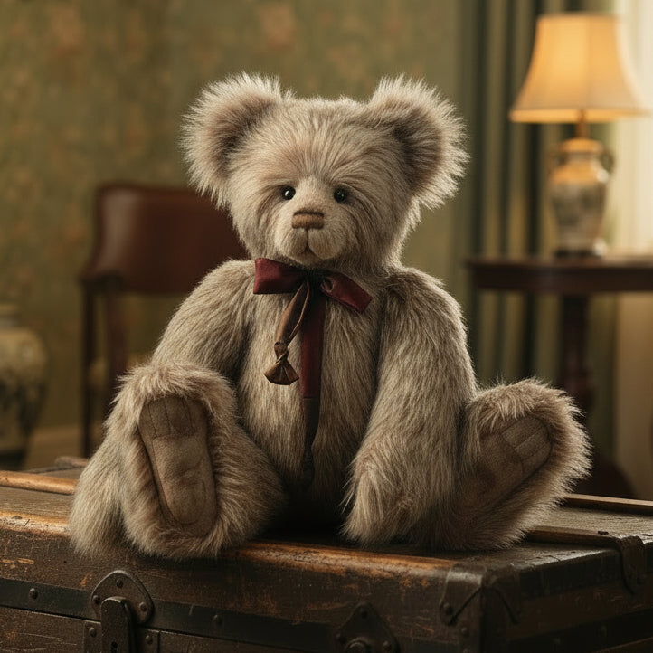 Teddy bear with a red bow tie sitting on an old wooden trunk in a warm, vintage room.
