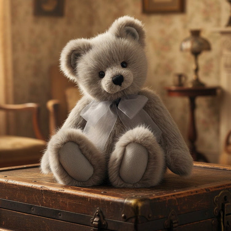 Grey cahrlie bears collectable teddy bear with a bow tie on a white background