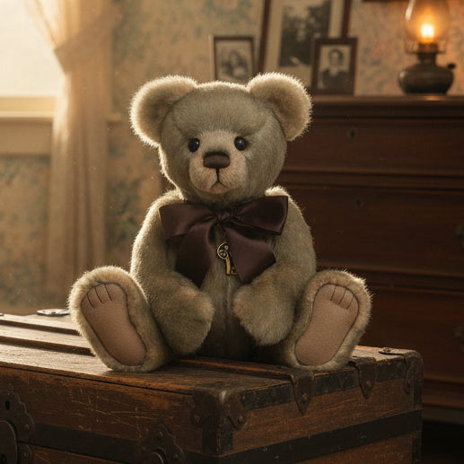 Charlie Bears collectable Stuffed teddy bear with a brown bow tie in vintage styled room