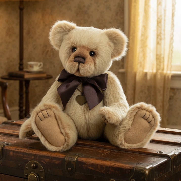 Beige charlie bears collectable teddy bear with a brown bow tie ina vintage styled room