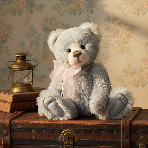 lilac charlie bears collectable  teddy bear with a pink bow on a trunk in a vintage room