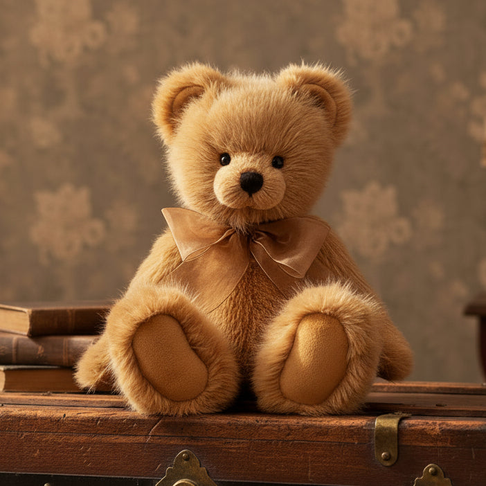 Brown teddy bear with a bow on a white background