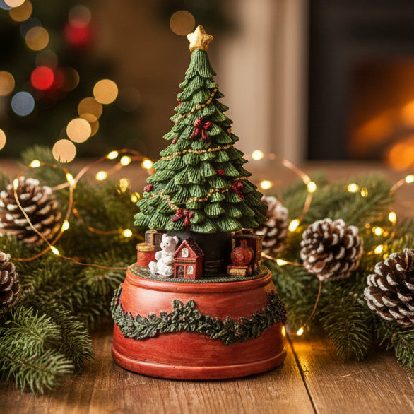 Decorative Christmas tree music box on  festive xmas table