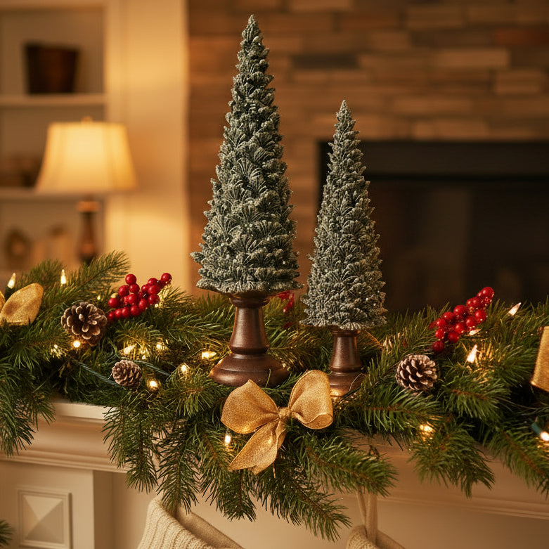 Two small artificial Christmas trees with dark green textured foliage and dark brown pedestal bases, shown on a festive mantle