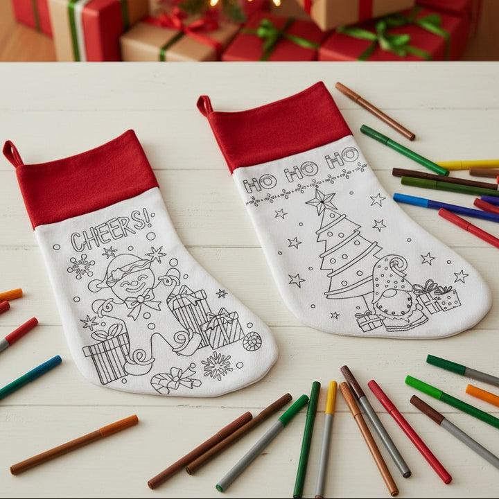Two white Christmas stocking outlines with red cuffs, shown side by side on a white background. One stocking says 'CHEERS!' with a gingerbread man and gifts, and the other says 'HO HO HO' with a Christmas tree, ornaments, and a Santa hat.
