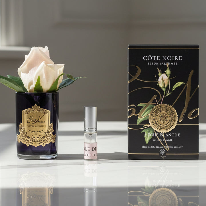 Cote Noire perfume bottle with a white rose and packaging on a white background