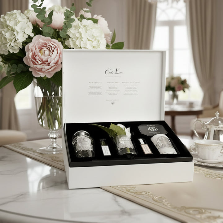 Set of skincare products in a Cote Vere box on a white background