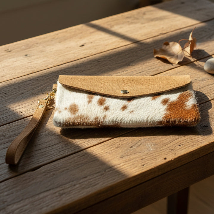Clutch bag with cowhide pattern and brown leather accents on a light gray background