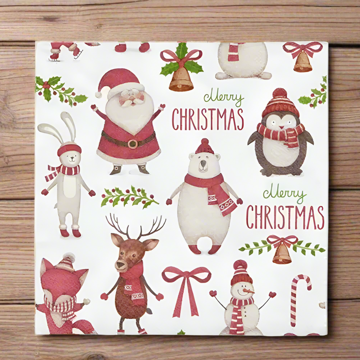 Christmas-themed wrapping paper with Santa, penguin, reindeer, and other festive animals on a white background.
