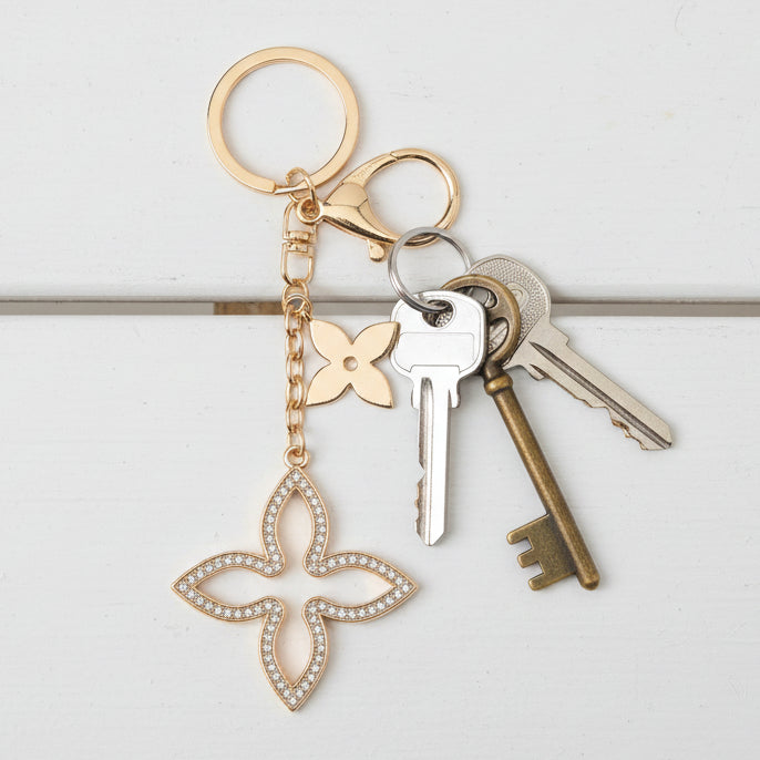 flower diamante keychain on white bench with keys attached