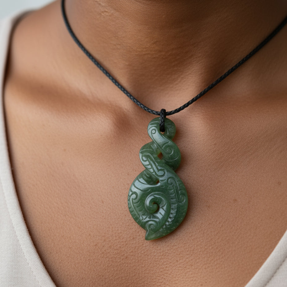 Green jade spiral pendant on a black cord against a wooden background