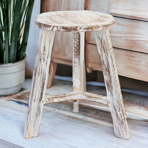 RUSTICO TRIPOD WHITEWASH STOOL - RAPT ONLINE