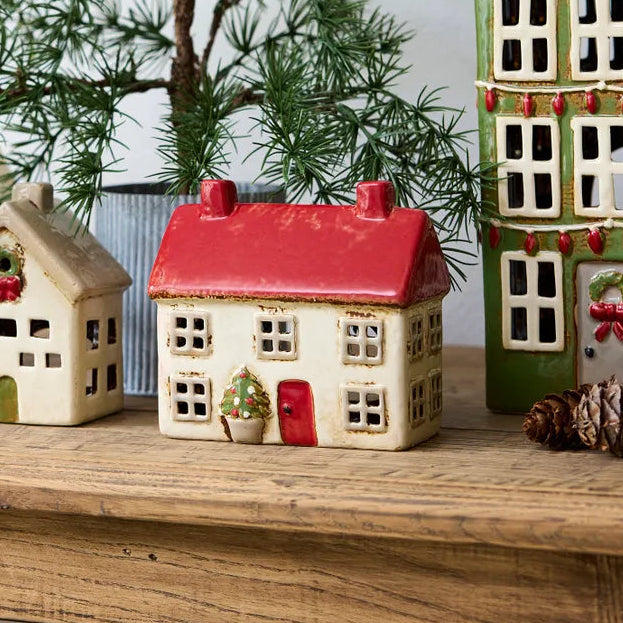 French Country Red &amp; Stone Ceramic Christmas Cottage