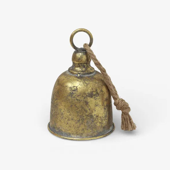 Bronze bell with a rope on a white background