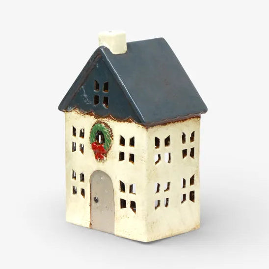 French Country Blue Christmas Tealight House with Wreath