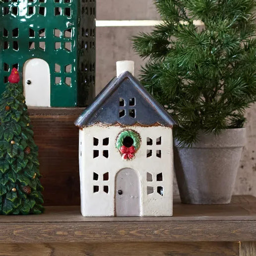 French Country Blue Christmas Tealight House with Wreath