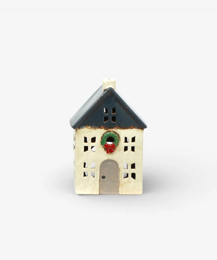 French Country Blue Christmas Tealight House with Wreath