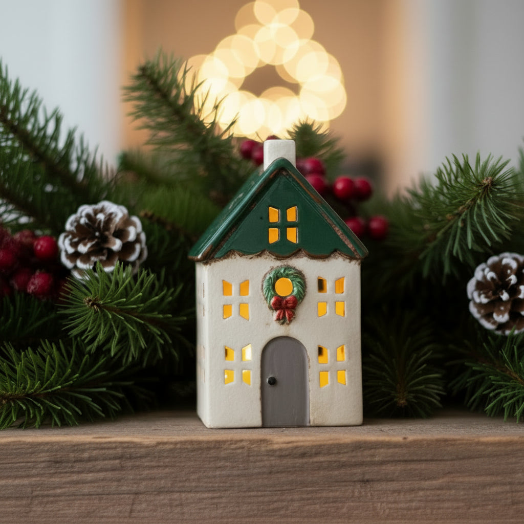 Small ceramic house with a green roof on a white background