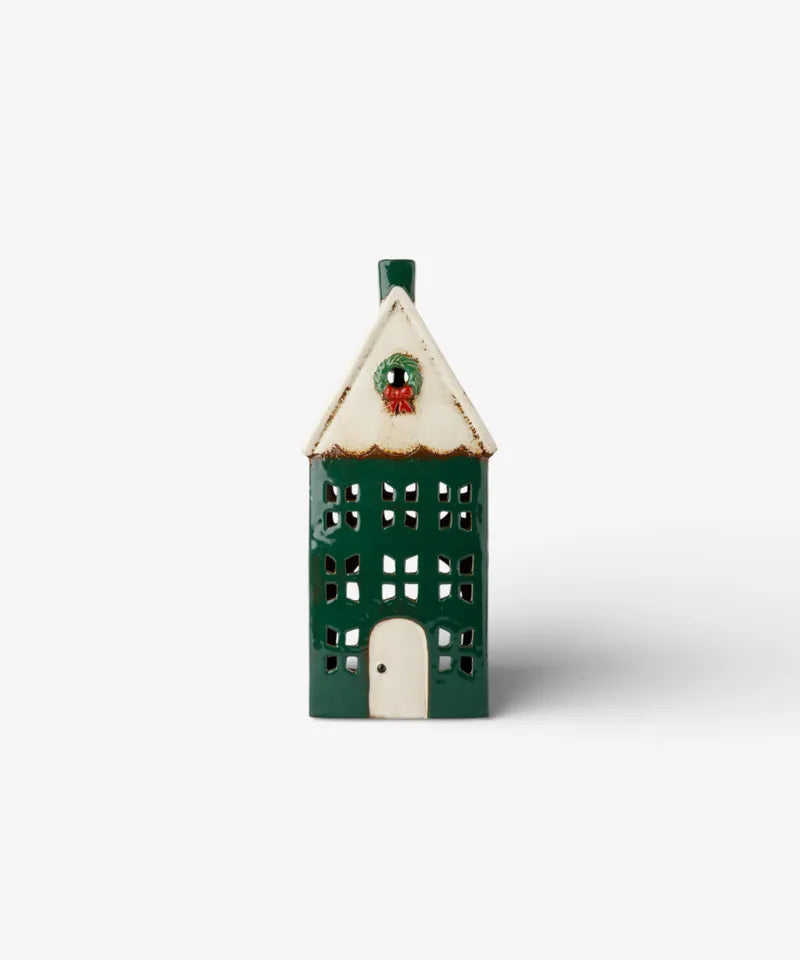 French Country Large Green Tealight Cottage with Wreath