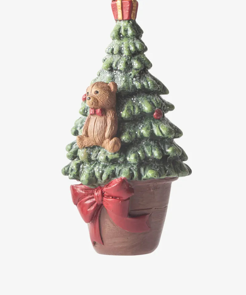 French Country Hanging Potted Tree with Bear